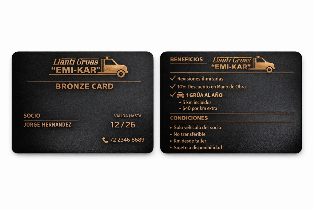 Tarjeta de membresía llanti grúas emi kar